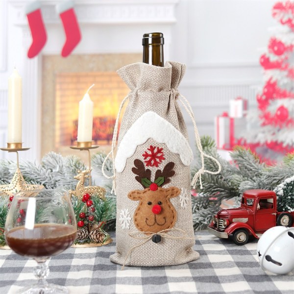3 Juledekorasjoner Lin Vinflaske Trekk Vinflaske Pose Santa Snømann Elg Vinpose 30 x 14cm