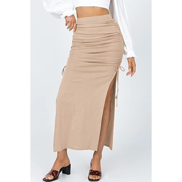 Sexig midi-kjol med hög midja med dragsko för kvinnor (beige, L)