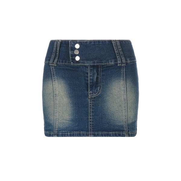 Damer Casual hög midja rak kort mini jeanskjol tvättad jeans minikjol (blå, L)