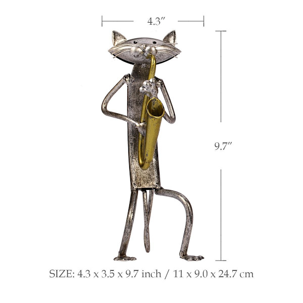 En Spelande Saxofon Katt Metall Skulptur Järn Staty Handarbete Hantverk