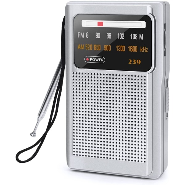 Bärbar radio, AM/FM fickradio, utmärkt mottagningstransistorradio med hörlursuttag, för löpning, camping (silver)