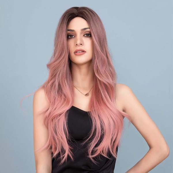 Europeiska och amerikanska kemisk fiber peruk cover långt lockigt hår rosa gradvis förändring långt lockigt hår vågigt lockigt högtemperatursilke