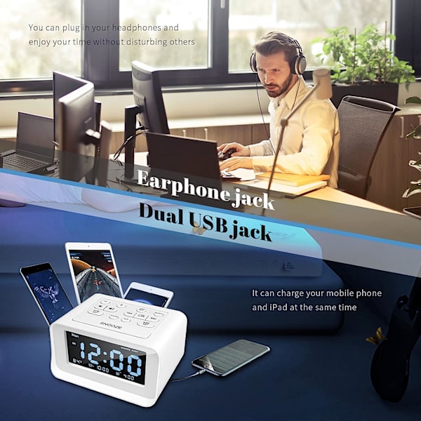 Klockradio med dubbla larm, digital väckarklocka med 2 USB laddningsportar, 0-100 % dimbar, justerbar volym, inomhustermometer（Vit）