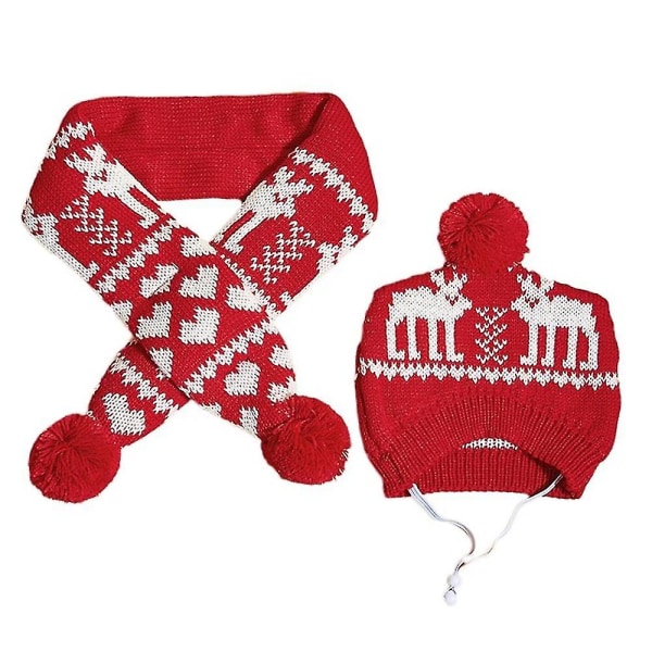 Julhunddräktmössa och stickad halsduk - Söta husdjurskostymtillbehör Varma vinterkläder för katt (M)