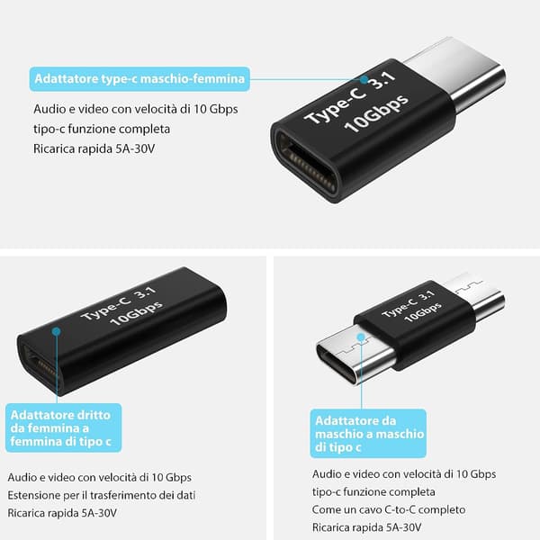 USB C - USB 3.1 C Uros - USB C Uros - USB C Uros - USB C Naaras - USB C Uros - USB C Naaras USB C3.1 Jatkoadapteri 3 kpl