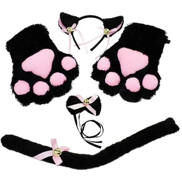 Cat Cosplay Set, Cat Ears Pannband Kattunge Svansöron Krage Tassar Handskar, Cat Cosplay Kostym Söt kostym Set för barn Kvinnor Flickor (Bl