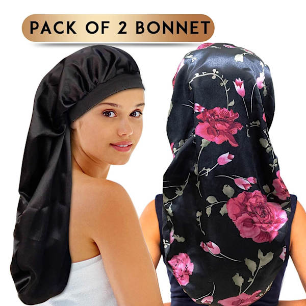 2-pack långa satinhuvar, extra stora flätade huvar för att sova, långt hår, mjuka och bekväma elastiska huvar för kvinnor, nattsömn, satinbont