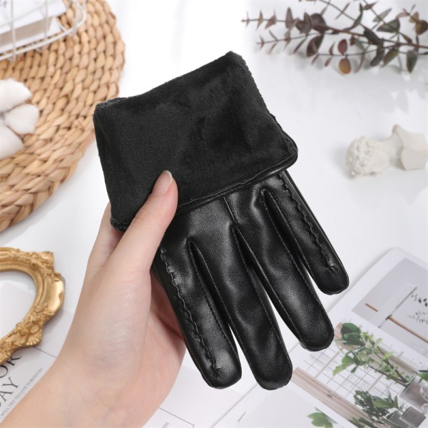 1 par vinterplysch förtjockade varma körvattentäta vindtäta PU-handskar med pekskärm (svarta)