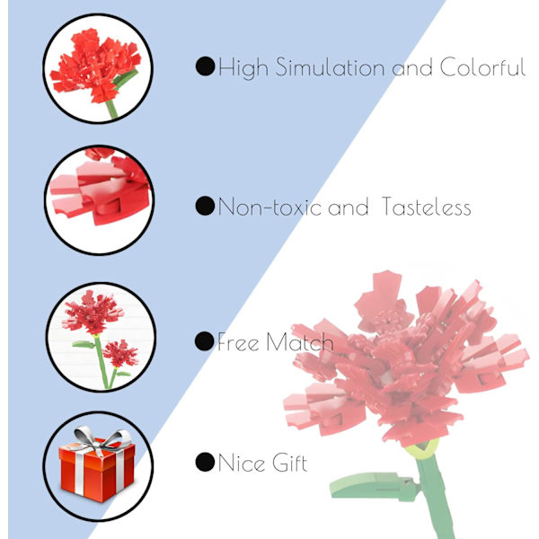Flower Building Block Kit, Creative DIY Flowers Botanical Collection Byggstensleksak för vuxna Jul Alla hjärtans heminredningskontor Carnation