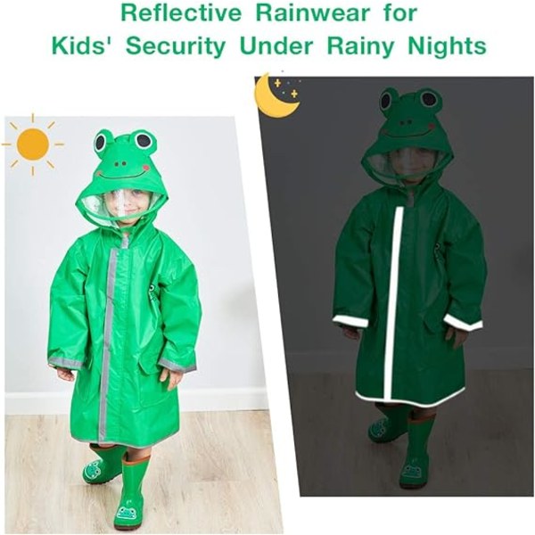 Regnponcho för barn, Poncho för toddler med huva, vattentät regnjacka, 3D-tecknad regnkläder för barn för flickor (grön, medium)