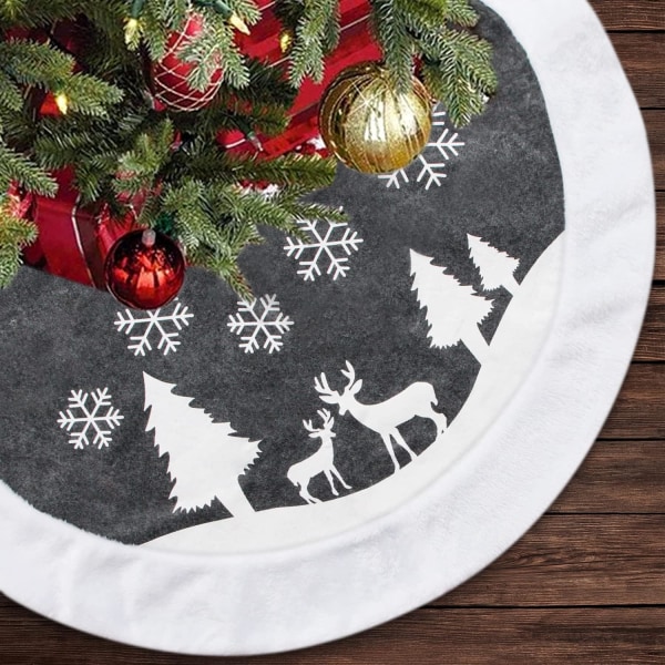 48 tommer juletre skjørt, stort plysj lappeteppe grått fuskepels juletre skjørt tre matte base deksel for vinter jul innendørs dekorasjon
