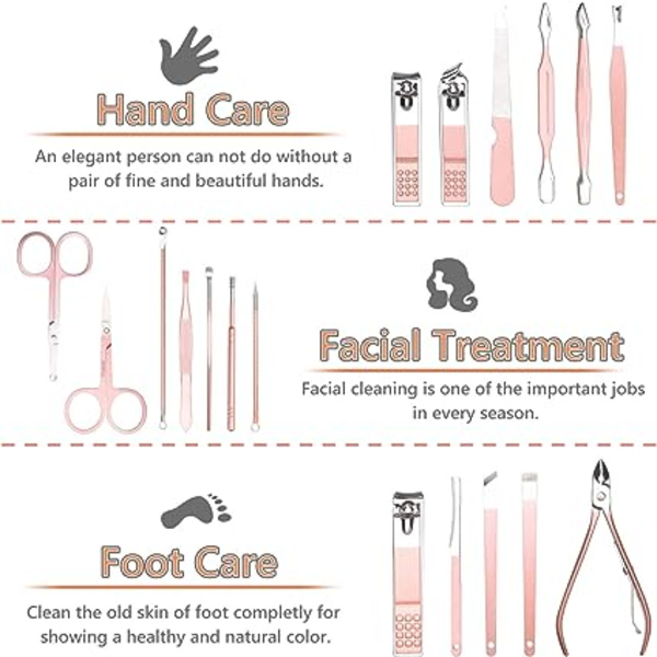 Manicure Pedicure Sæt, 18 stk. Professionelt Negleklippersæt, Rustfrit Stål Neglebåndsklipper, Pedicure Manicure Sæt med Rejseetui og Eksklusivt Hjem (