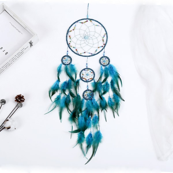 Drömfångare fjäderhänge Fem rings Wind Chime hänge Heminredning Kreativt hänge (blå)