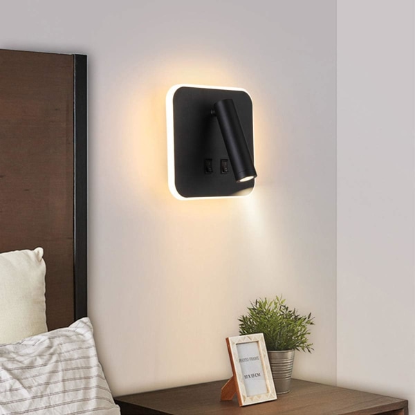 Sänglampor LED Vägglampa Vägglampor för inomhushotell Sängkorridor Vägglampa med strömbrytare Svart 3W+10W (fyrkantig)