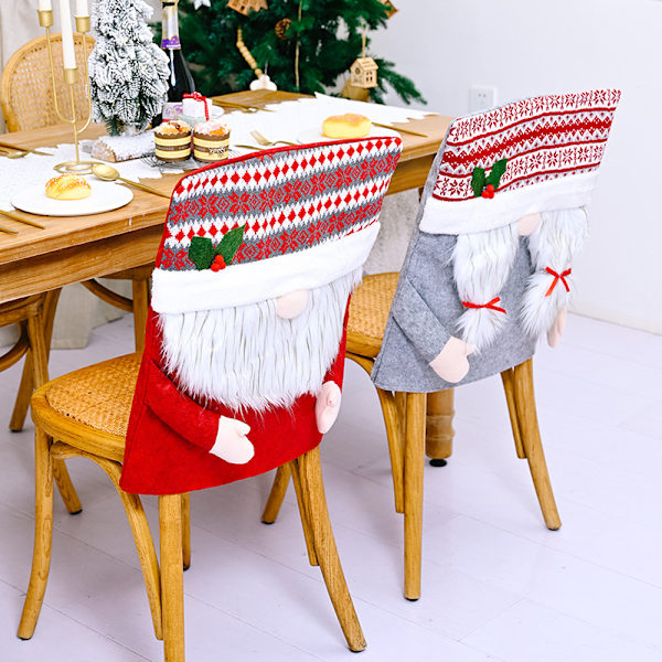 2 stycken julnya dekorativa långstolsöverdrag Skäggig gammal man röda och gråa dekorativa stolar