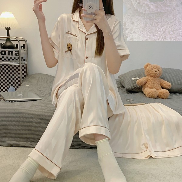 (Storlek XL) Soft Ice Silk Kortärmad Pyjamas Tredelad Set för kvinnor