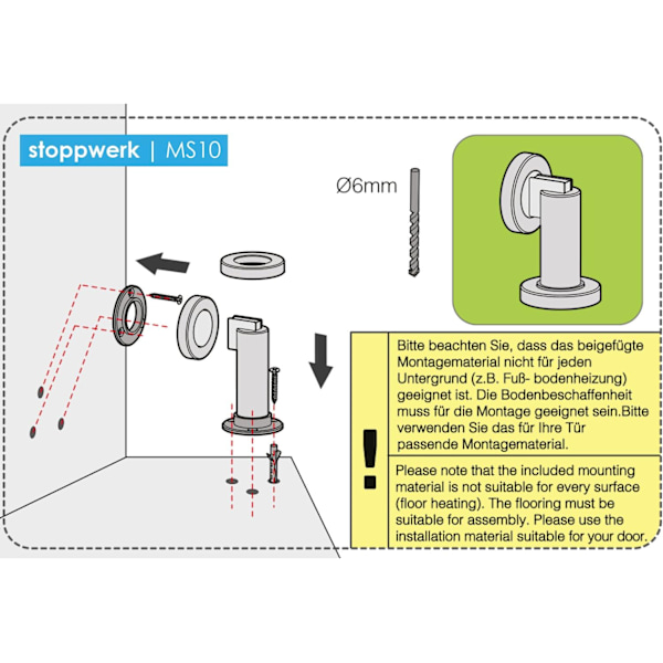 Magnetisk dørstopper MS010 i antikk stil. Dørstopper med materiale for gulv- og veggmontering, ø: 5cm, h: 8.4cm