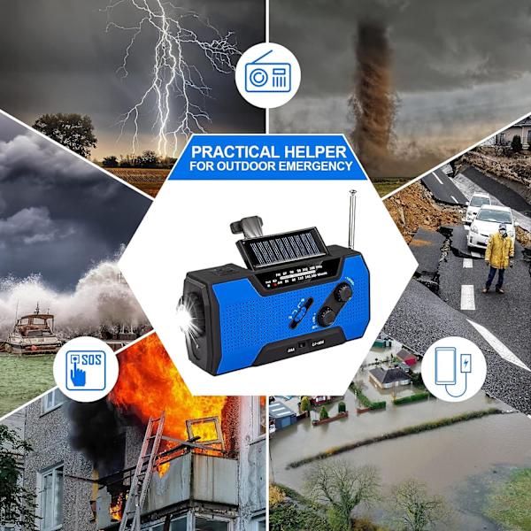 Käsikäyttöinen hätäradio, aurinkovoimalla toimiva kannettava monitoiminen ulkoiluradio 2000 mAh:n teholla/LED-taskulampulla/SOS-hälytyksellä (sininen)