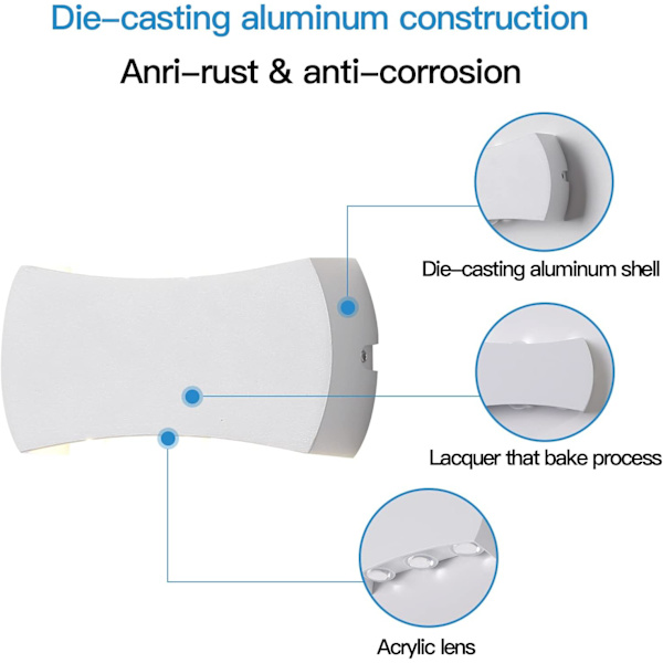 6W LED-vägglampa inomhus, Vägglampa för utomhusbruk IP65 Vattentät 1200LM, Modern vägglampa i aluminium 3000K Varmvit【Vit】