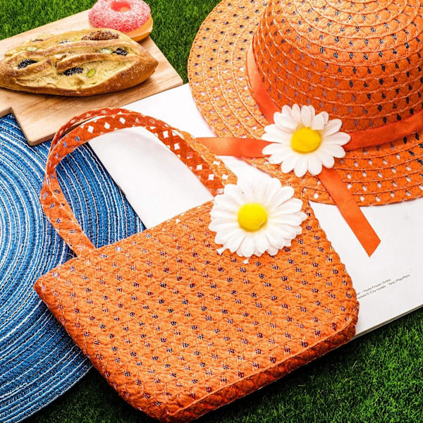 Tea Party-hattar för flickor Handväska Daisy Flower Sun Halmhatt och handväska Set Innehåller 1 plånböcker 1 Daisy Flower solhattar, gröna