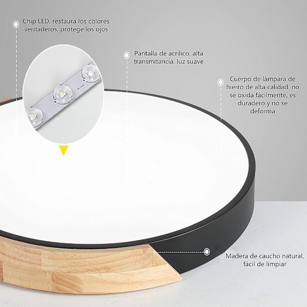 LED Taklamper i Tre, 24W Moderne Runde LED Taklamper i Tre, Kaldhvit 6500K Ultratynn Innendørs Taklampe Ø30*4CM for Stue, Svart