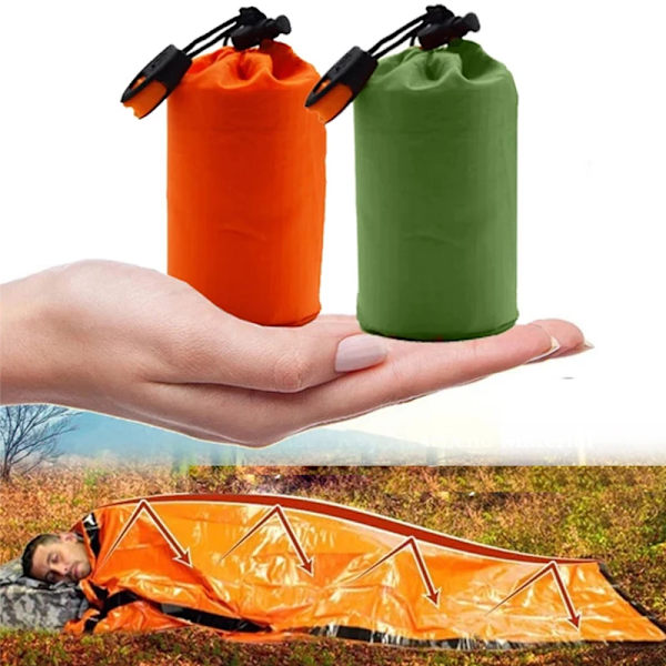 2 × Bärbar Vattentät Sovsäck Vattentät Termisk Nödsovsäck för Utomhusbruk Camping Överlevnad Säck（Med en visselpipa） Apelsin