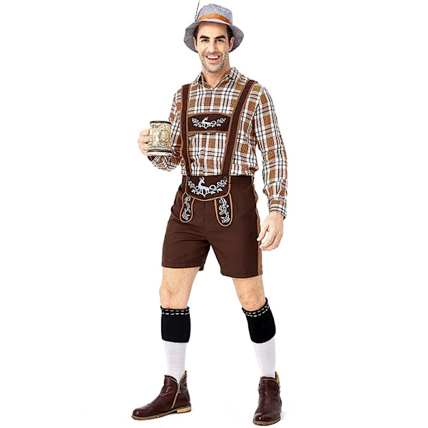 Traditionella ölfestivalkläder vuxna män tyska ölkläder rådjur printed stor rutig khaki overall L