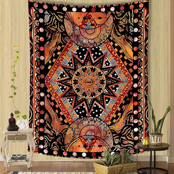 Orange Sun and Moon Väggtapet, Cool Indie Hippie Mandala Väggtapeter, Estetisk gobeläng för sovrum, vardagsrum, sovsal (orange, 28' × 37')