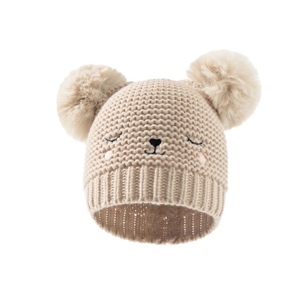 Barns broderad stickad mössa Höst och vinter baby solid dubbel boll cap (khaki)