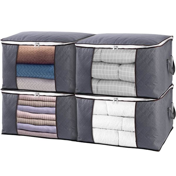 Stora förvaringspåsar, 5-pack hopfällbara klädförvaringskärl med slitstarka tjocka tyghandtag för kläder, filtar, täcken, sängkläder och leksaker 90L (grå)