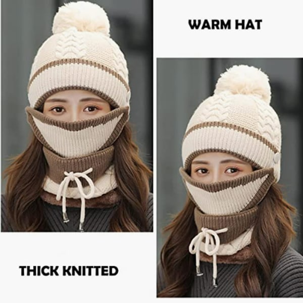Vintermode Ridehjelm Ørebeskytter Uldhat Maske Bindebånd Koreansk Mode Strikket Varmt Tre-delt Hatsæt (Beige)