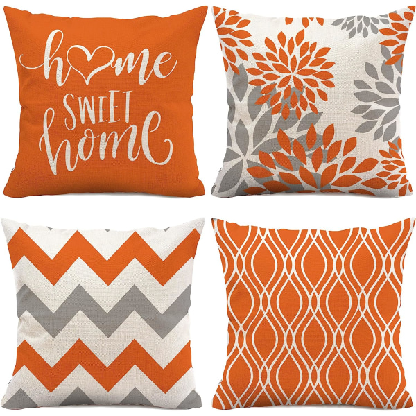 Orange kuddfodral 18x18 set med 4,orange kuddar dekorativa för soffan,linne case utomhus heminredning (orange)