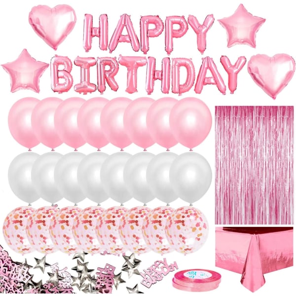 Pink Balloon Girl Födelsedagsdekoration, Grattis på födelsedagen banner, bordsduk fransgardin, Pink White Heart Star Födelsedagsballong, 10 g konfetti för kvinnor
