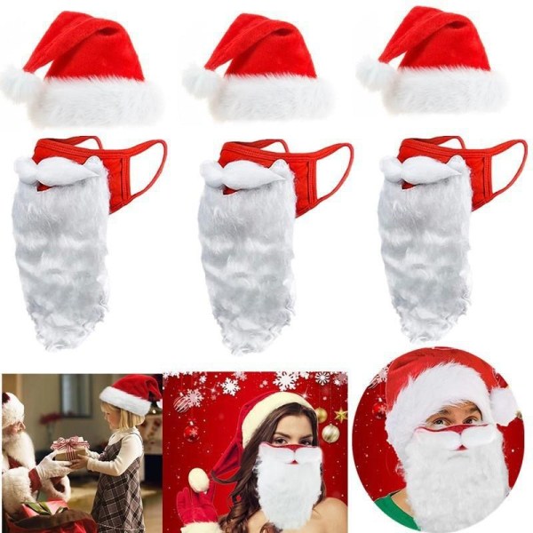 3 uppsättningar med slutna masker Rolig skäggig jultomtekostym för vuxna till jul (One Size)