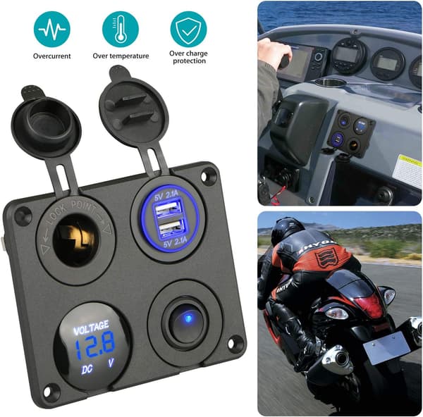 4 i 1 Biloplader Switch Panel, Dobbelt USB-opladerfunktion + LED Voltmeter + On/Off vippekontakt + Cigarettænderstik til Marinebåd