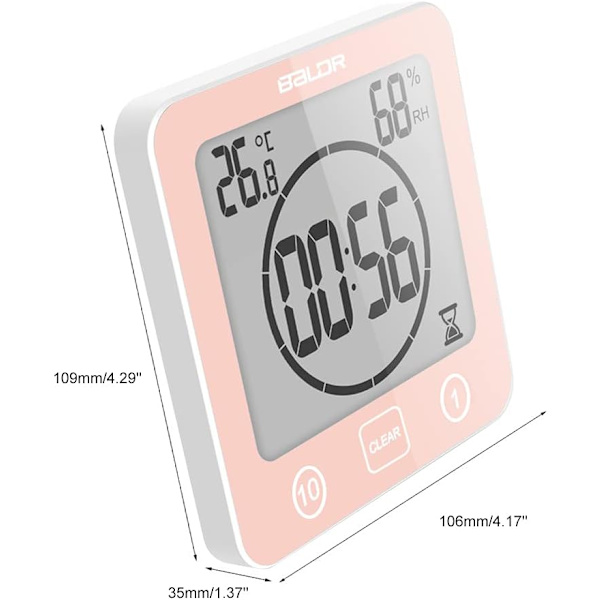 Badrumsklocka, Vattentät Duschklocka med Touch Control, Digital LCD-larm, Hygrometertermometer, Nedräkningstimer, (röd)