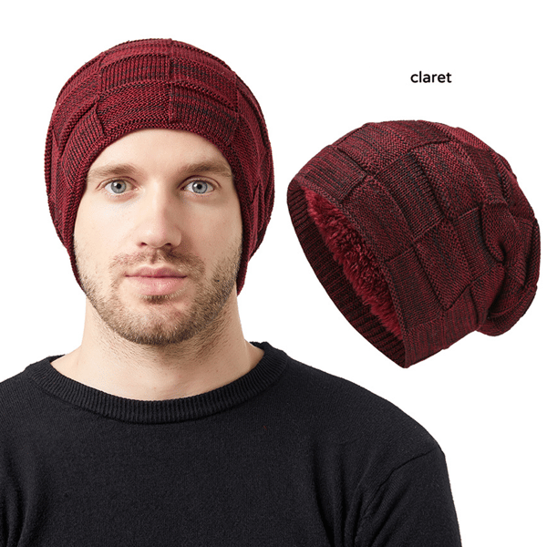 2 st Stickad mössa par sektion plus fleece öronskydd pile up pullover mössa (claret)