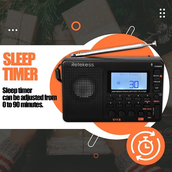 V115 Digital Portable Radio, AM FM Personal Transistor Radio, Support TF-kort med inspelare, MP3-spelare, Sleep Timer (Svart)