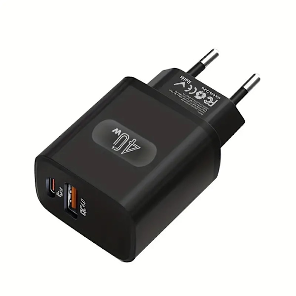 40W Dubbel Port USB-C Väggladdare med PD 3.0 & QC 4.0, Snabbladdande Strömadapter svart