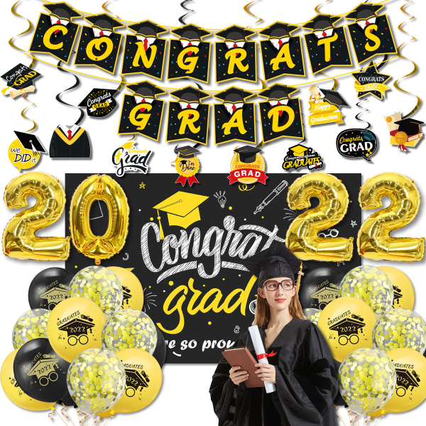2022 års examensdekorationer - Tillbehör för examensfest inkluderar grattis examensbanderoller, hängande examensvirvlar, grattis examensballonger