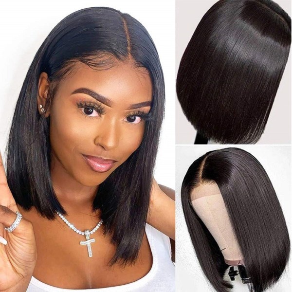 Europeisk amerikansk peruk för kvinnor, kort rakt hår medellångt klippt svart bobo- cover stil kort rakt hår