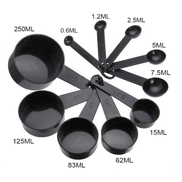 Set med 10 plastmätskedar, mätskedar för bakning, vägskedar för hemmet (svart).