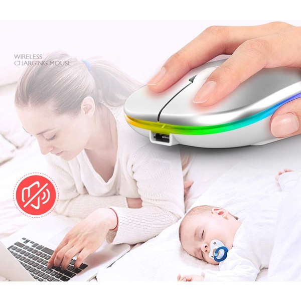 Genopladelig Trådløs Mus, Bluetooth Mus, To Tilstande (BT 5.1 + 2.4G Trådløs) Lydløs, 3 DPI Niveauer (800-1200-1600) Farverige Lys Trådløs Mus f