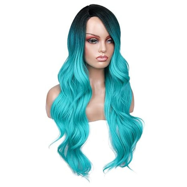 Turkos peruk Lång vågig sidodel peruk Värmebeständigt syntetiskt hår Cyan peruk sjöjungfru peruk Damparty Halloween kostymperuk (Ombre blågrön) 70 cm