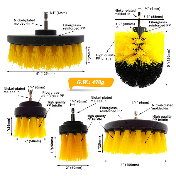 6st Bilhjul Däck Fälg Scrub Rengöringsborste Drill Kit Tvätt tvätt Verktygsrengöring（gul）