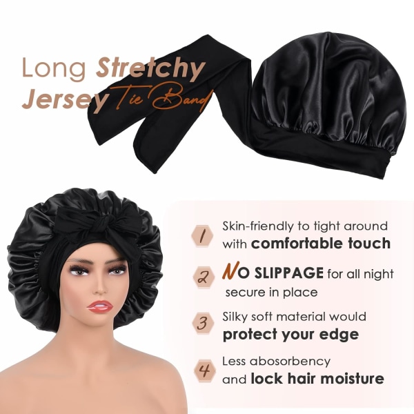 Satinmössa Silkesmössa för sömn Dubbelskiktad satinfodrad hårmössa med knytband Bonnets för kvinnor Naturligt lockigt hår black