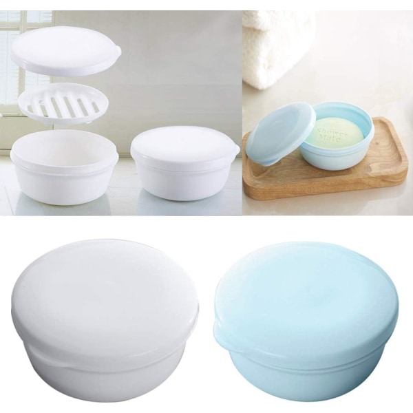 Porte-Savon en Plastique Bleu et Blanc avec Une Couche à sécher Portable pour Voyage-Lot de 2 boîtes à Savon (Rond)