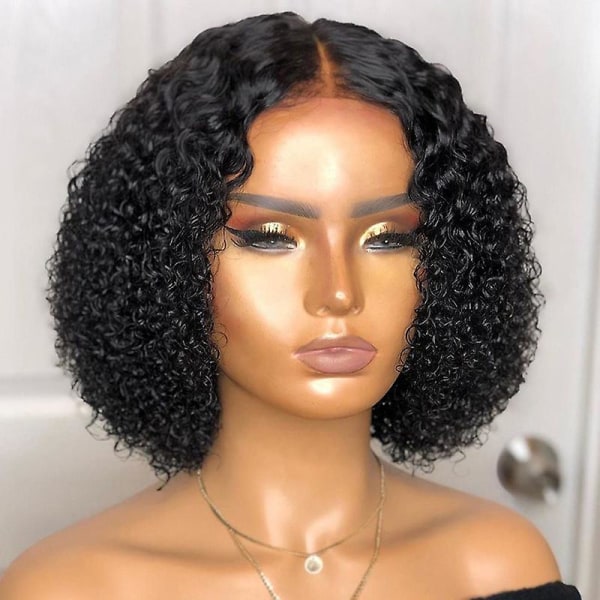 Deep Wave Short Peruk, Brazilian Curly Virgin Real Hair Peruk Kort Bob Curly Peruk Front Stängd Kort Peruk Svart, 35cm