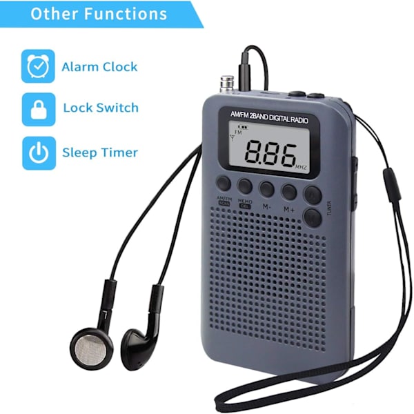 Bärbar Radio Mini Pocket Radio med högtalare FM/AM Digital Stereo DSP-mottagare med väckarklocka och timer, personlig radio med hörlurar, Grå