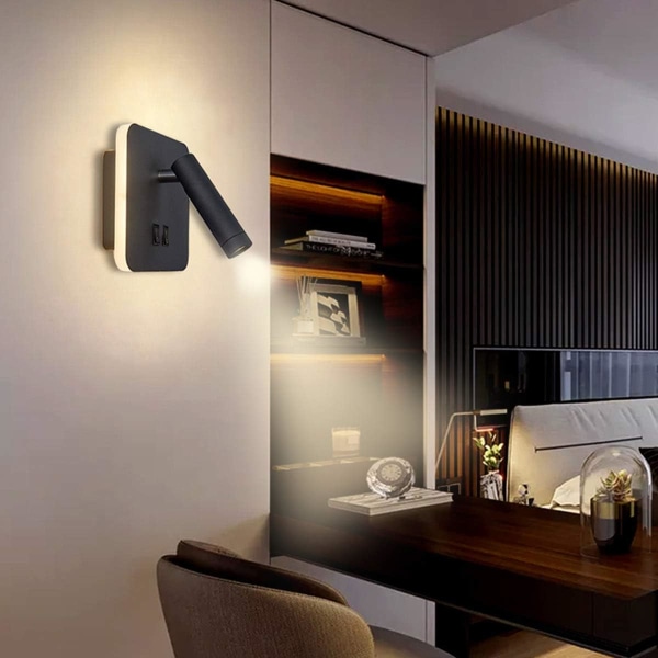 Sänglampor LED Vägglampa Vägglampor för inomhushotell Sängkorridor Vägglampa med strömbrytare Svart 3W+10W (fyrkantig)